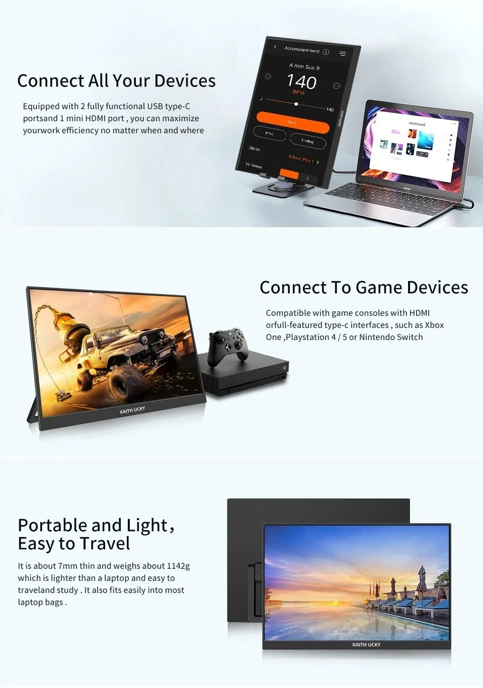 16-Inch Portable Touch Monitor, 1200P HDR 16:10, Non-Touch Optional, External Second Screen for Xbox, PS4/5, Switch, Phone, PC,
