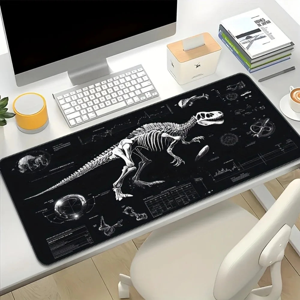 XXL Dinosaur Skeleton Gaming Desk Mat - Black and White Tech Style Extended Pad, Non-Slip Rubber PC Mat