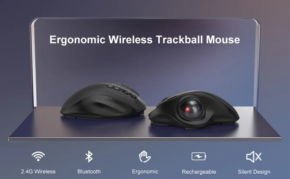 Jomaa Black 2.4G + Bluetooth Wireless Trackball Mouse Rechargeable Rollerball Mice Ergonomic Mice Thumb Control Mouse Gaming