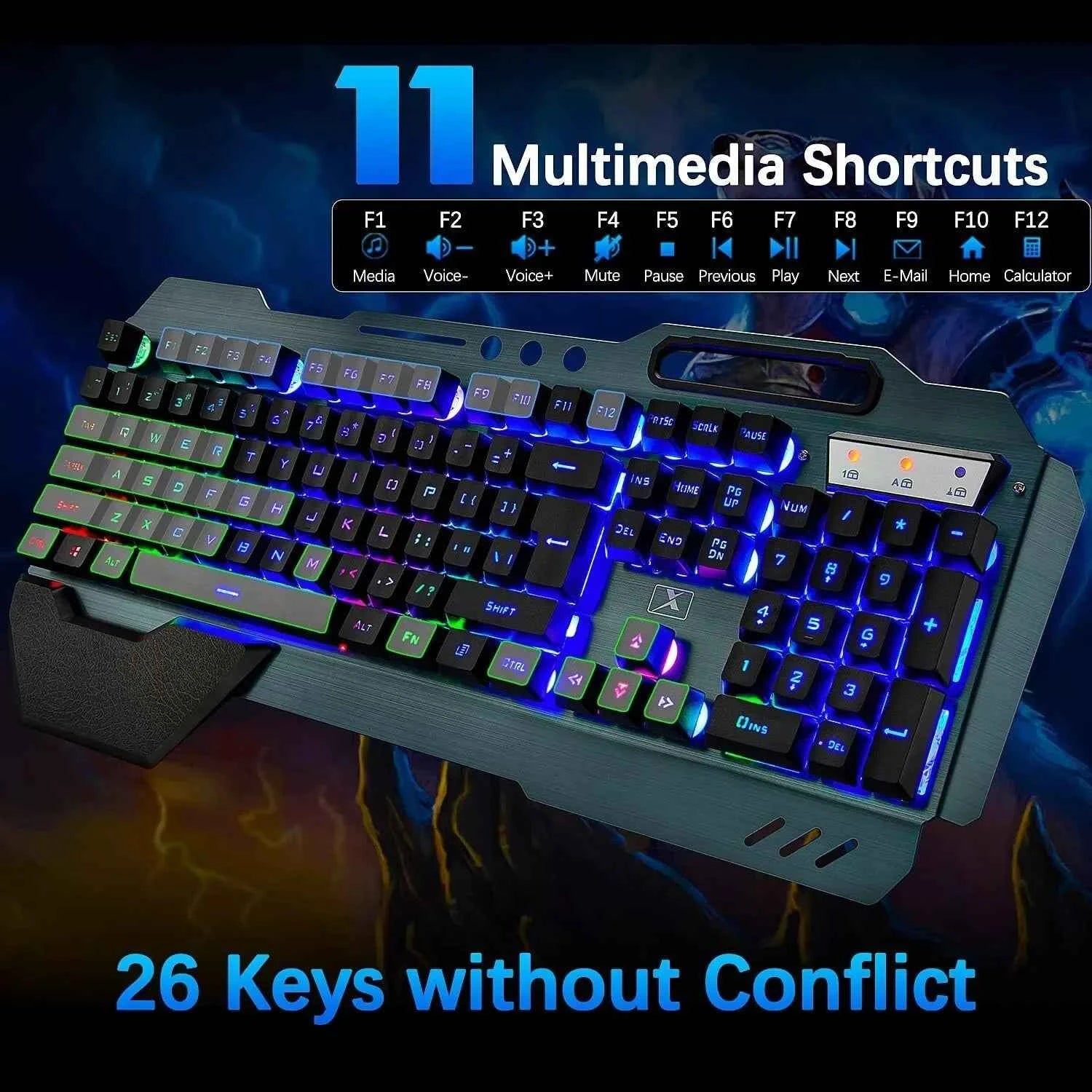 Wireless gaming Keyboard and Mouse Set Rainbow/RGB Backlit Rechargeable Keyboard and 7 Color Gaming Mute Mouse with Pad