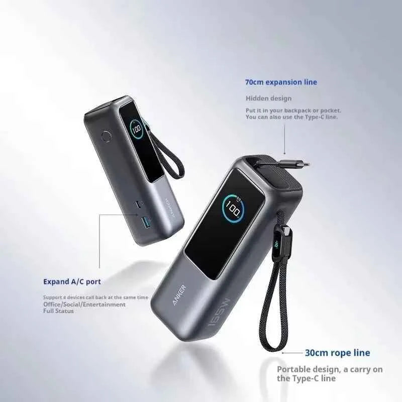 NEW Anker 165W Max Power Bank 25000mAh High Capacity Retractable Cables Fast Charge Mobile Phone Power Bank Gift Lightweight PC