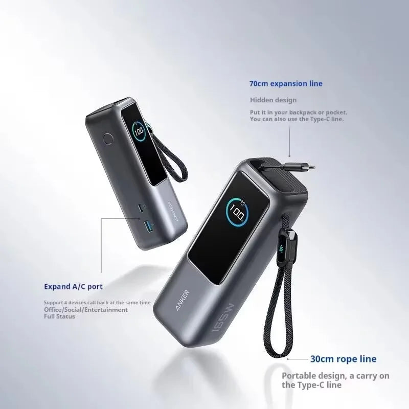 NEW Anker 165W Max Power Bank 25000mAh High Capacity Retractable Cables Fast Charge Mobile Phone Power Bank Gift Lightweight PC