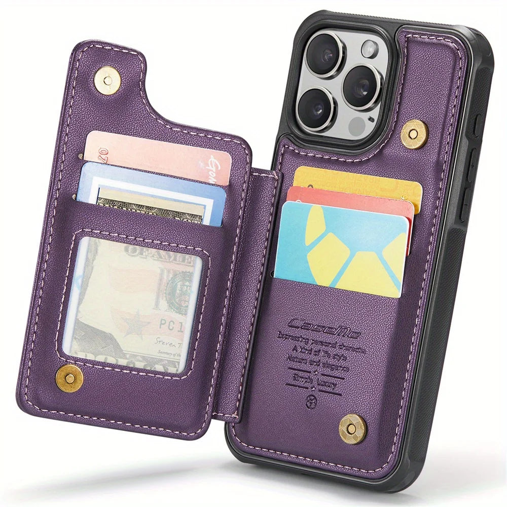 for iPhone 15 Plus 14 13 Pro Max 11 Case with Card Holder,RFID Blocking,Durable Leather Kickstand Magnetic Clasp Shockproof Case