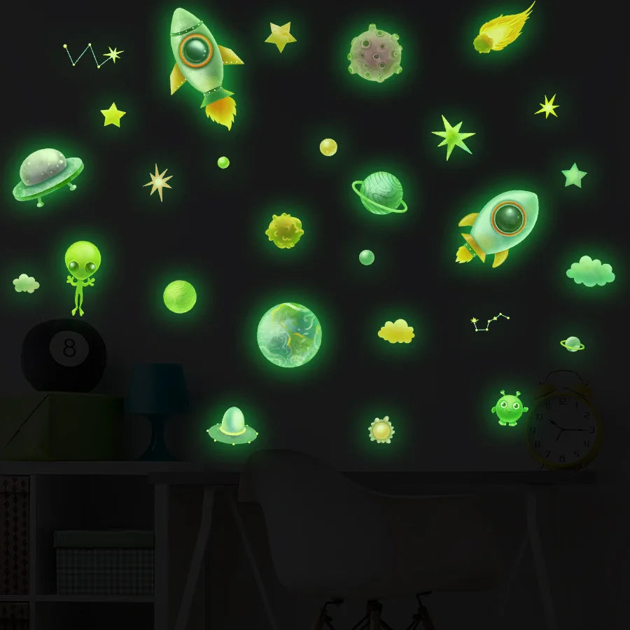 Cartoon Spaceship Planet Alien Space Star Luminous Sticker Glow In The Dark For Children's Room Fluorescent Decals Room Decor