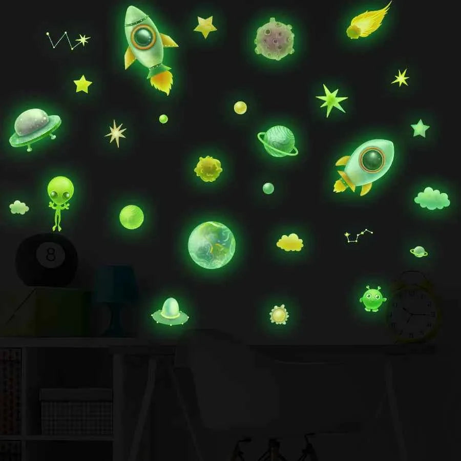 Cartoon Spaceship Planet Alien Space Star Luminous Sticker Glow In The Dark For Children's Room Fluorescent Decals Room Decor