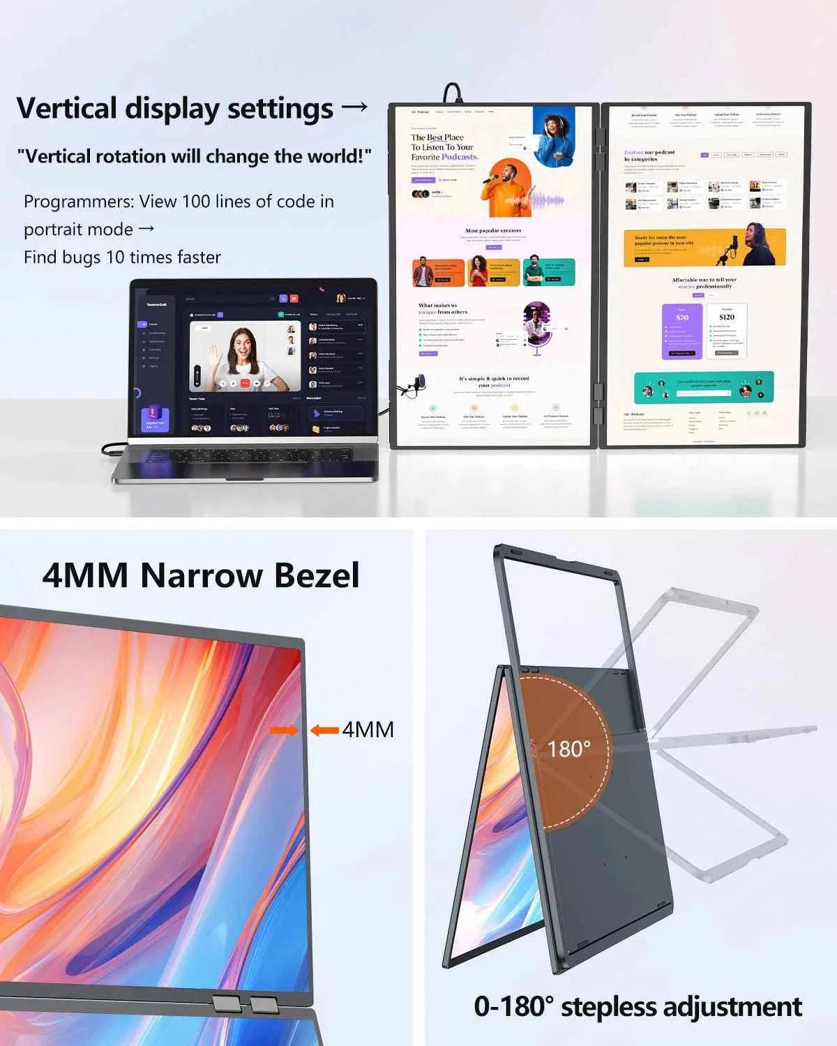 UPERFECT Delta Mega 23.8 Inch 100Hz Dual Screen Stacked Computer Monitor 1080P USB-C HDMI Gaming Laptop Extender Screen W/ VESA