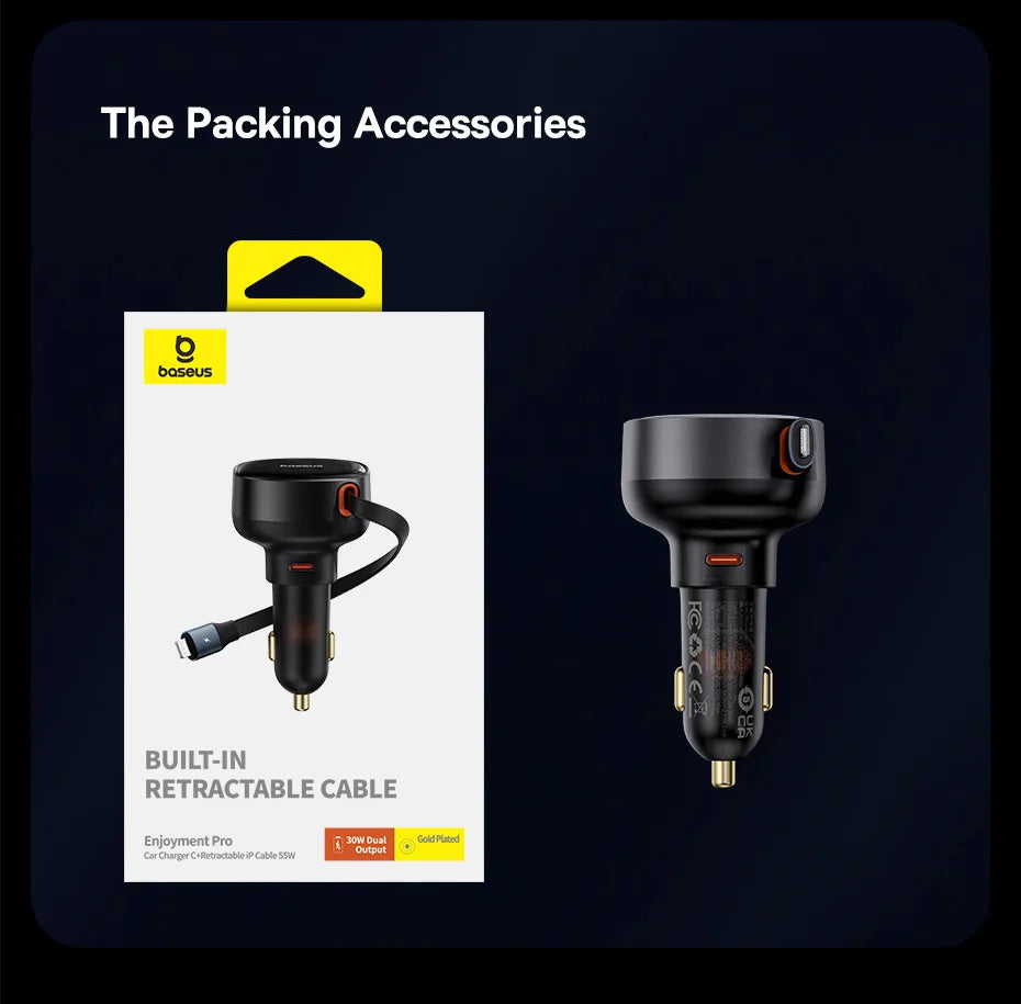 Baseus 60W Car Charger 2 in 1 Retractable Cable SCP 25W QC PD 30W Fast Car Phone Charger For iPad iPhone 16 15 14 13 Pro Samsung