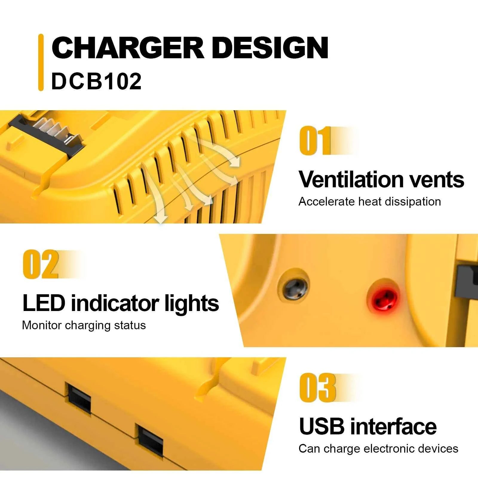 DCB102 Dual Port 3A Rapid Charger For Dewalt 12V 20V Li-ion Battery USB Charger with LED DCB205 DCB115 DCB107 DCB112