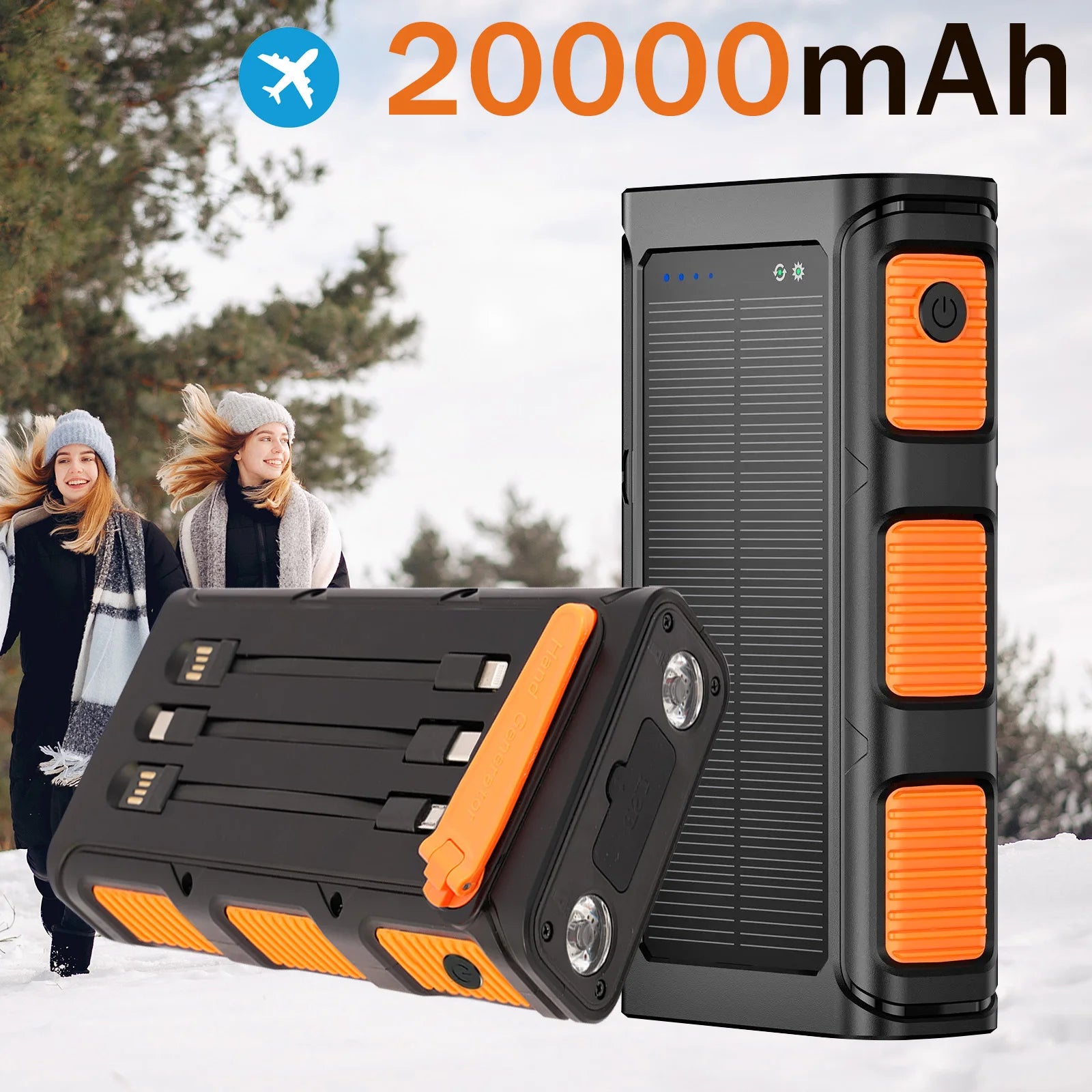 20000mAh Portable Solar Power Bank 20W Fast Charging USB C Hand-Crank Generator Dual LED Flashlights for Outdoor Camping Hiking
