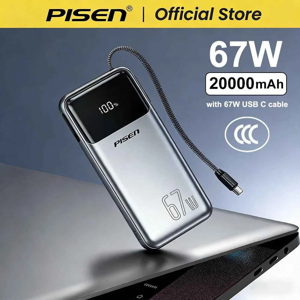 PISEN 20000mAh 67W Power Bank With Fast Charging Cable CCC External Battery For 65W Laptops/ 45W Samsung Phones/ iPhone & iPad