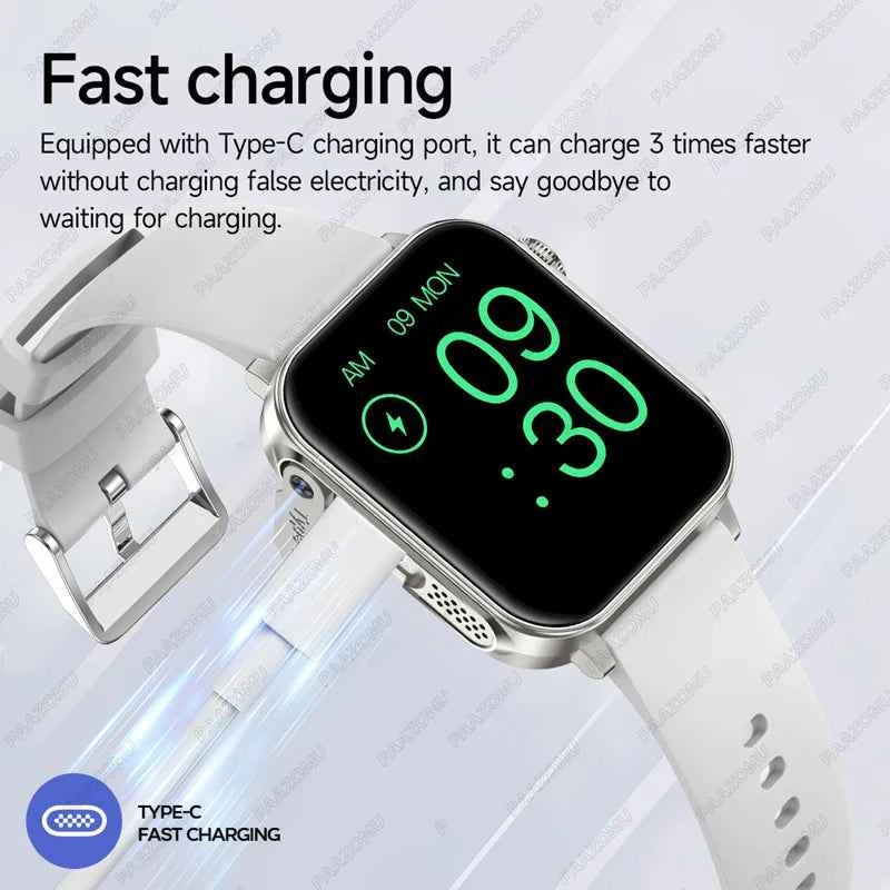 2025 New Smart Watch Men Women Type-C Charging Heart Rate LED Flashlight Bluetooth Call IP68 Waterproof SmartWatch for Android