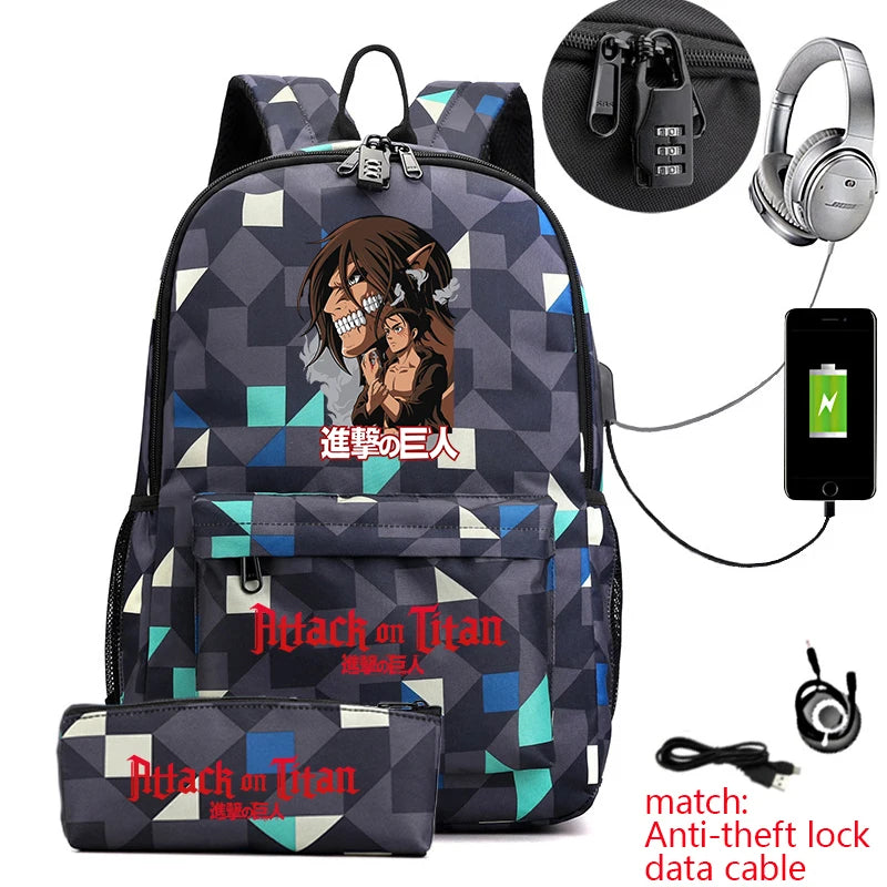 Attack on Titan Anime Print School Backpack Anti-Theft Laptop Bag for Boys Girls with Pencil Case