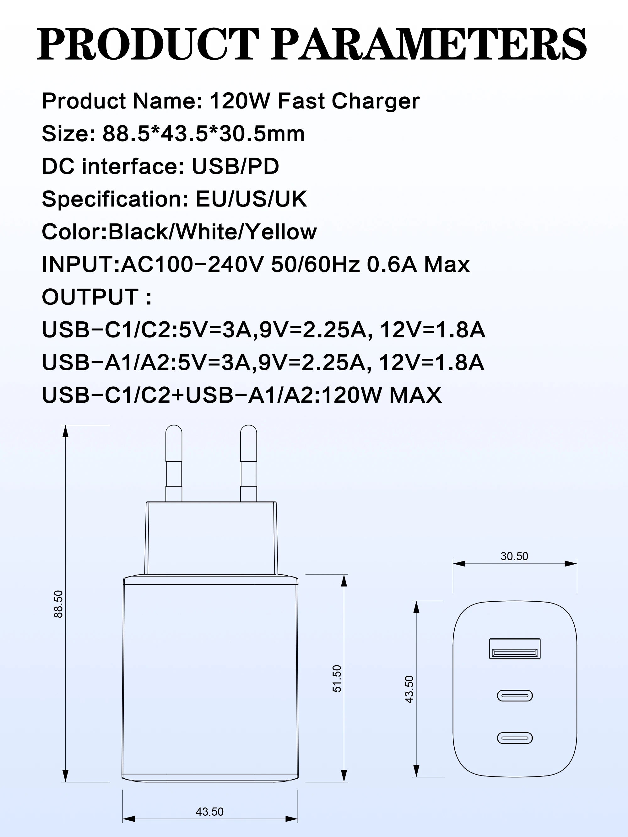 Multi Ports 120W Type C USB Fast Charging Charger Mobile Phone Adapter For iPhone Samsung Huawei Xiaomi PD Quick Charge Charger