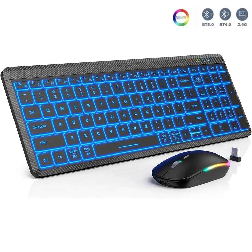 JOMAA Colors Backlit 2.4G Wireless Keyboard and Mouse Combo Rechargeable Multi-Device Bluetooth Keyboard with Number Pad