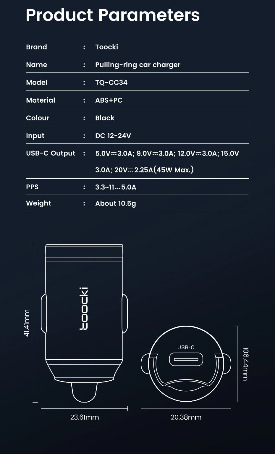 Toocki 45W USB Type C Dual Ports Car Charger Quick Charge 3.0 FCP SCP For iPhone Xiaomi Huawei Samsung Fast Charging Car Charger