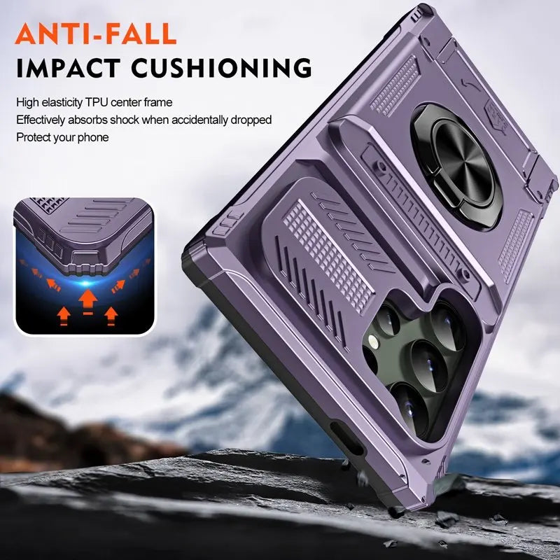 Card slot phone case for Samsung S25 Ultra Edge S23 S24 Plus FE A56 A55,with magnetic rotating ring holder, thickened shockproof