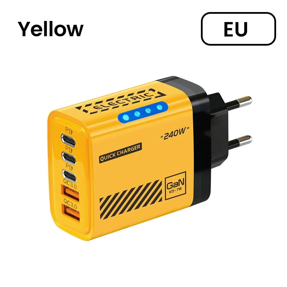 Desktop GaN Charger 240W 5-in-1 Fast Charging Charger 3PD 2USB for iPhone Samsung Xiaomi Tablet EU/US/UK Plug Wall Adapter
