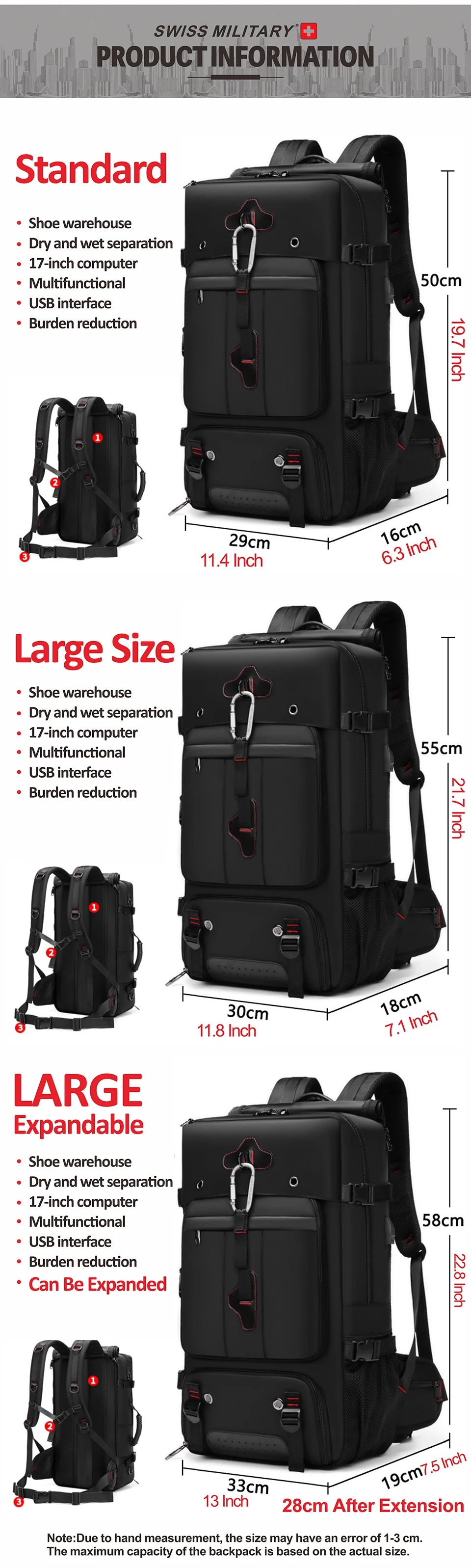 SWISS MILITARY Men's Travel Backpack Multifunctional Waterproof Laptop Bag Outdoors Climbing Luggage Bag Sport Backpack Mochila