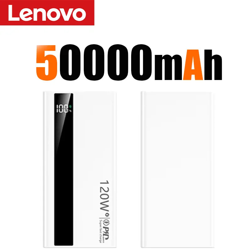 Lenovo 120W 500000mAh Capacity Power Bank Portable Super Fast Charging LED Digital Display External Battery for iPhone Samsung