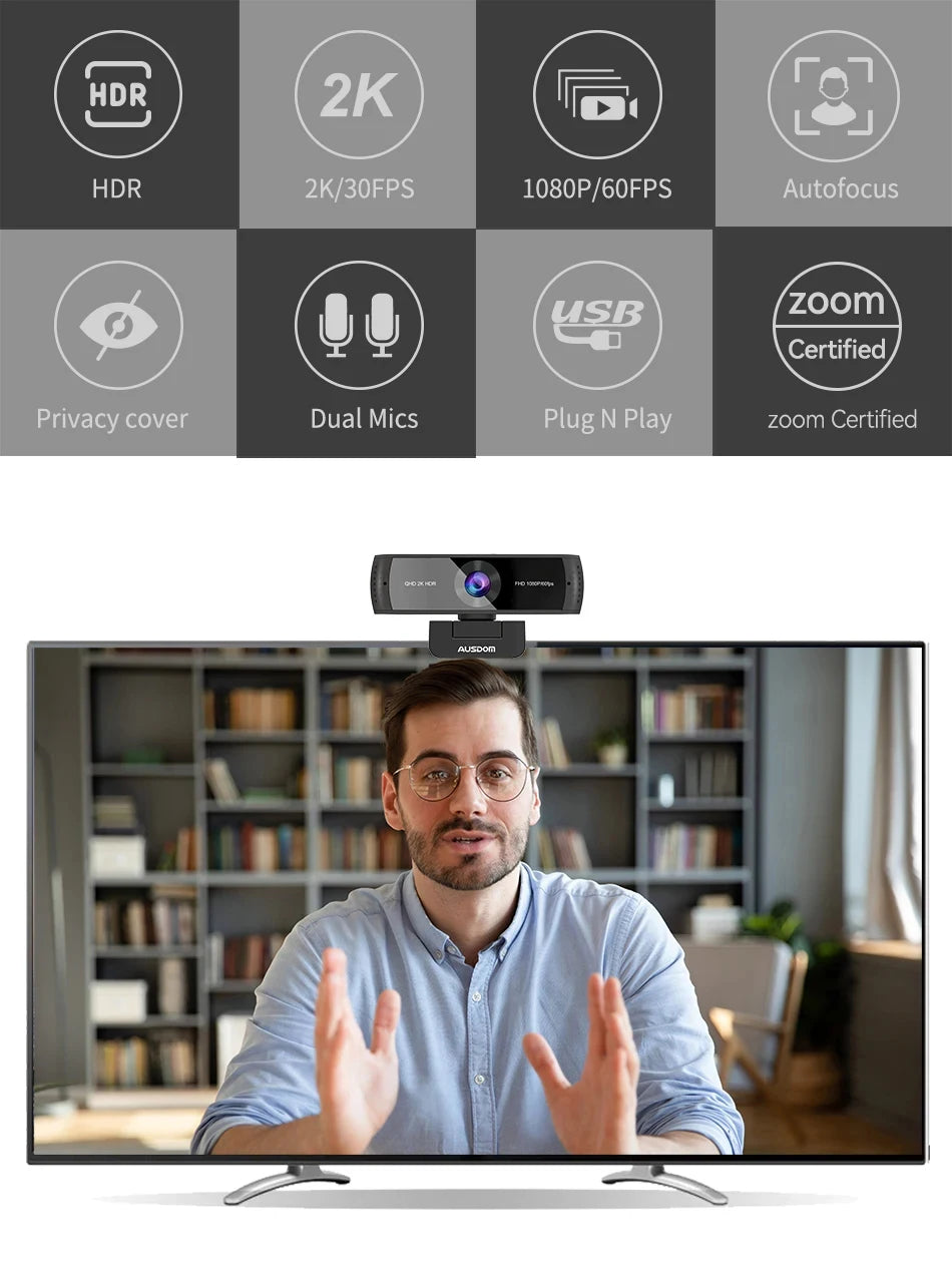 AUSDOM AW651 QHD 2K HDR 30FPS Webcam Autofocus 1080P 60FPS Web Camera With Noise-cancelling Mics and Free Privacy Cover for Live