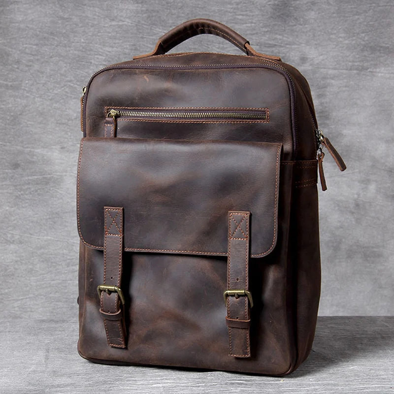 Vintage Crazy Horse Genuine Leather Backpack Men Bagpack Cowhide Hiking Backpack 17