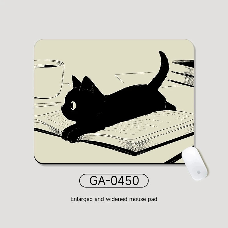 Black Cat Illustration Mouse Pad Small Office Table Mats Computer Accessories Washable Anti-slip Rubber with Precision Lock Edge