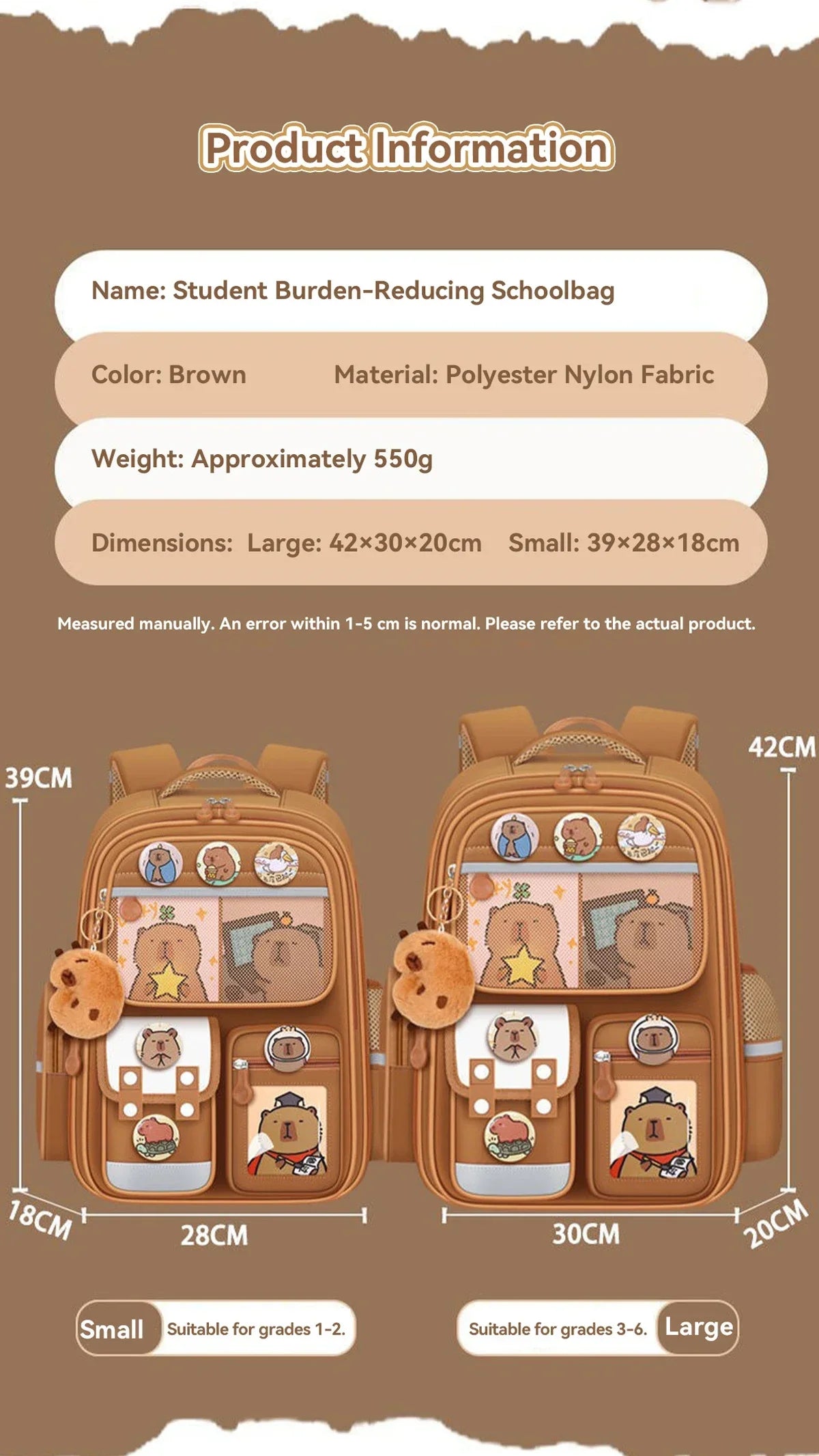Capybara School Bag Waterproof Backpack Large Capacity Alleviate Burden Protecting Spine Widen Straps Backpack for Students Gift