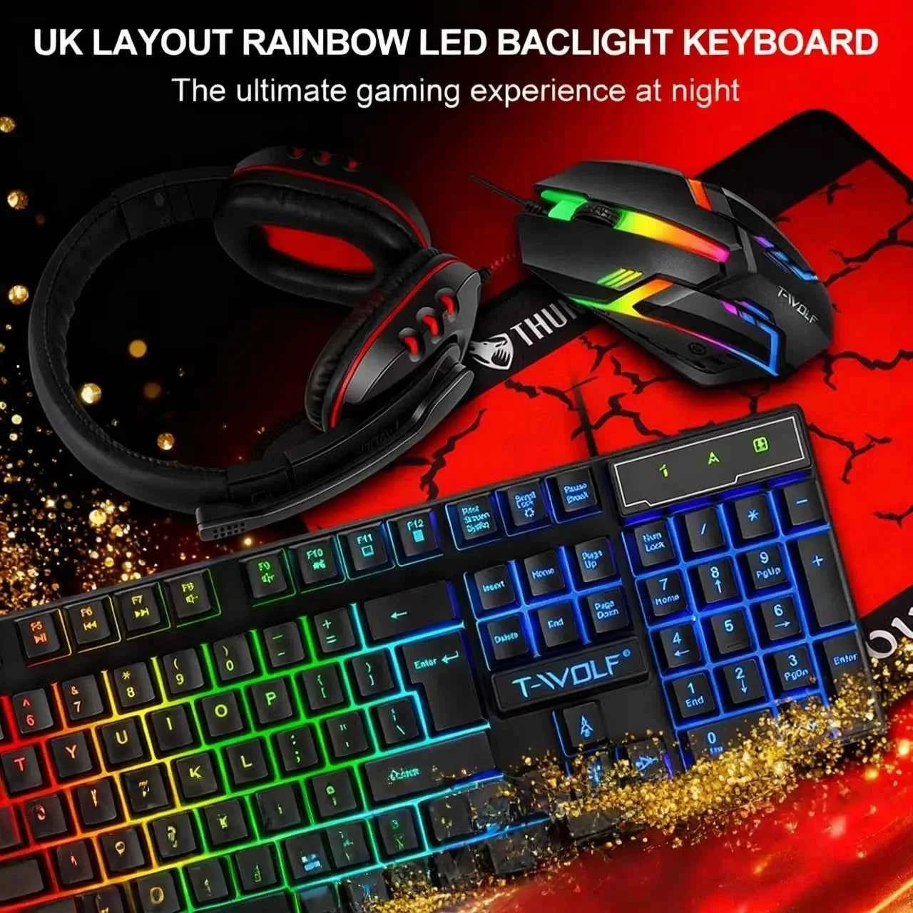 T-WOLF Thunderwolf TF880 Wired Keyboard, Mouse, Headphones and Audio Five-piece E-sports Game Enjoy Super Fast Moving Speed.