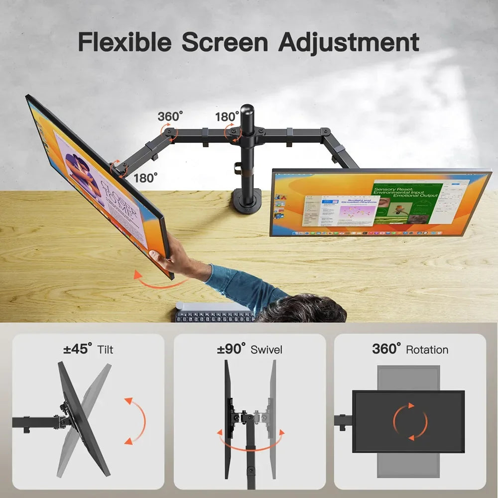 Dual Monitor Stand, Holds Screen up to 27inch, Universal Freestanding Monitor Stand Adjustable Height, Tilt, Swivel, Rotation - WinSupport Tech