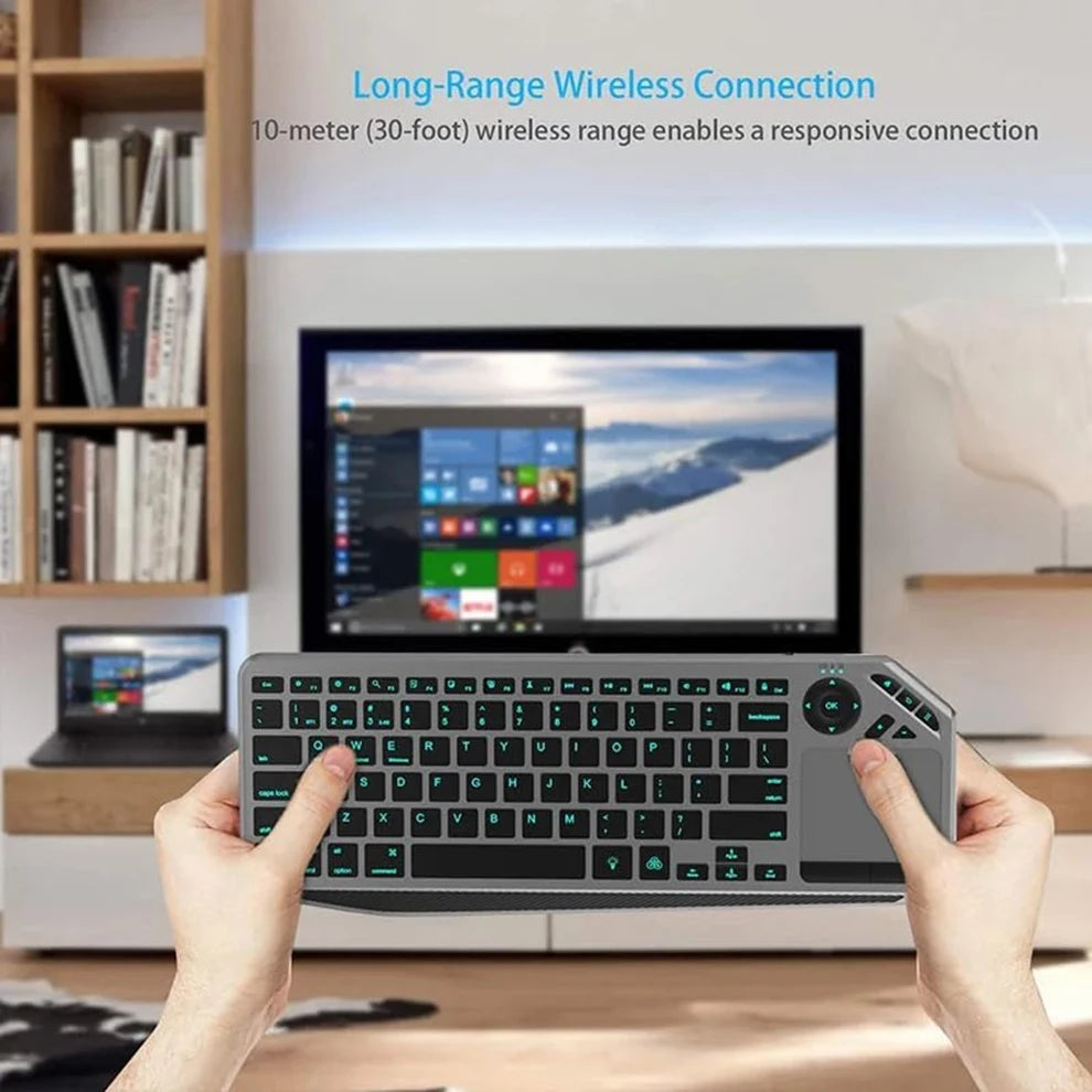 2.4G Wireless Bluetooch Dual Mode Connection TV Keyboard with Touchpad Media Control Multimedia Rechargeable Backlit Keyboard