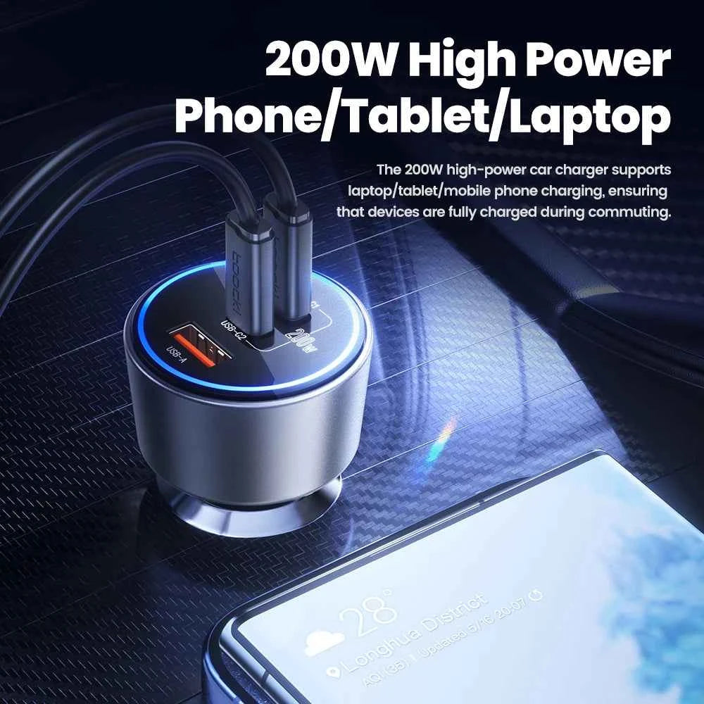 Toocki 200W Car Charger USB Type C QC 4.0 PPS 45W PD 100W Fast Charging USB C Car Phone Charger for iPhone 16 15 Samsung Macbook