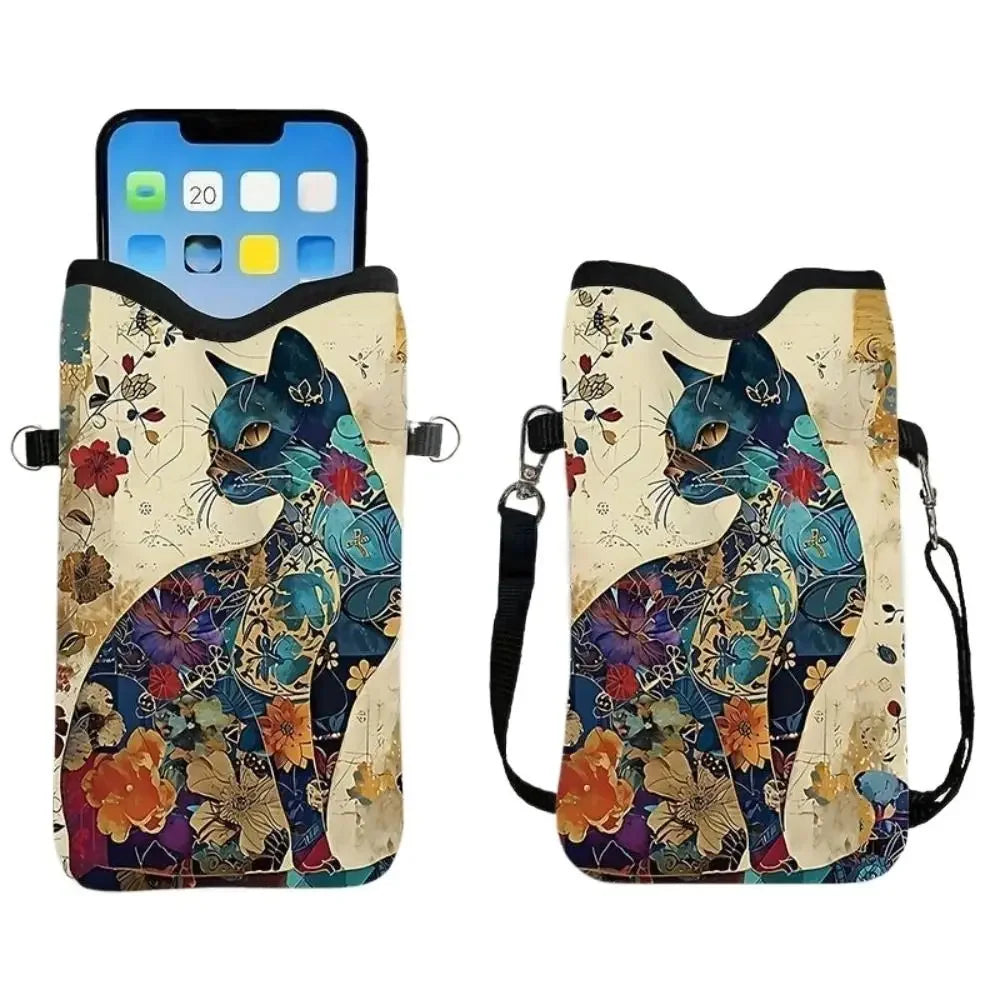 Women’s Black Cat Floral Print Mini Crossbody Phone Bag, Adjustable Strap Casual Canvas Shoulder Purse for Daily Use, Perfect for Carrying Phone, Cards, Keys and Lipstick, Cute and Practical Gift for Cat Lovers.