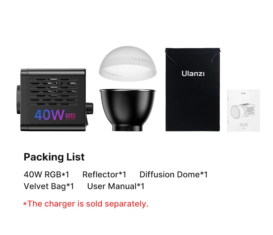 Ulanzi L024 40W RGB Video Light 3400mAh 2500-6500K CCT COB Light for Camera Outdoor Live Broadcast Full Color Photography Lamp