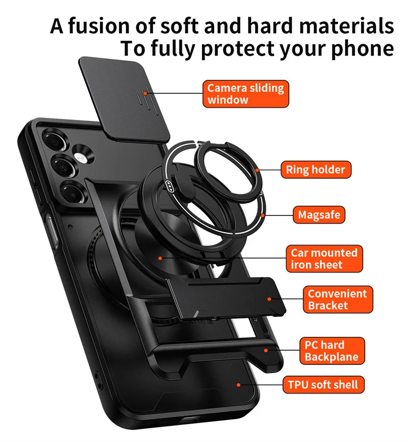 Case For Samsung Galaxy S26 S25 S24 S23 S22 Ultra PLus S26 Edge S25FE S24FE Armor Magnetic Stand Holder Ring Lens Protect Cover