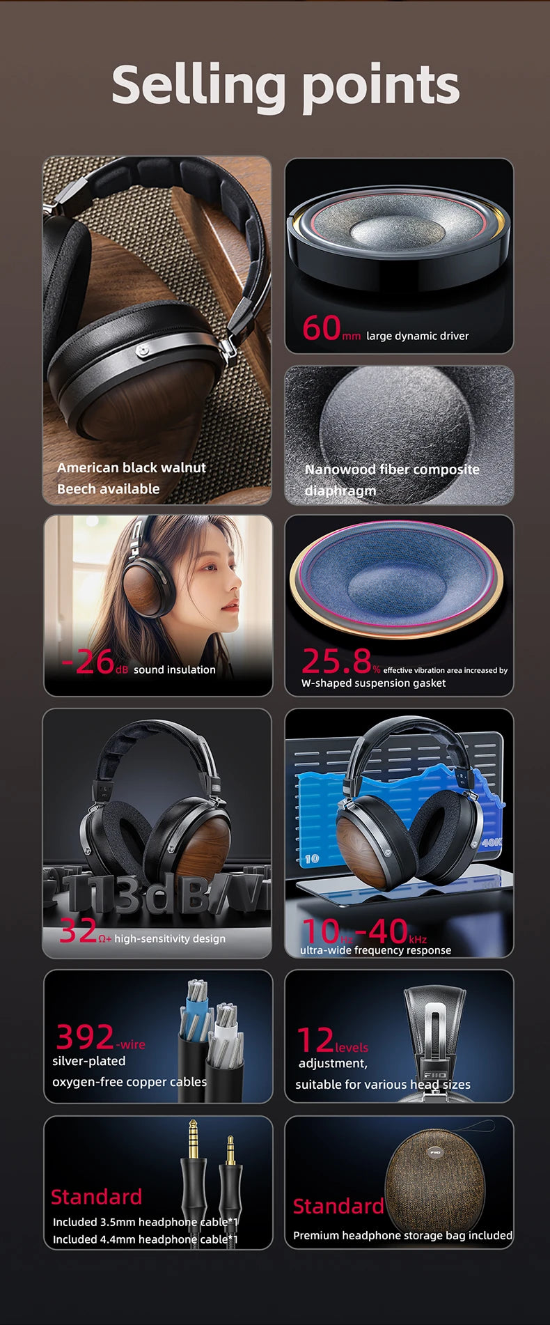 FiiO FT1-New version Closed-Back Over-Ear  Fiber Composite Diaphragm Wired Hi-Fi Headphones, American walnut Ear Cups for Studio