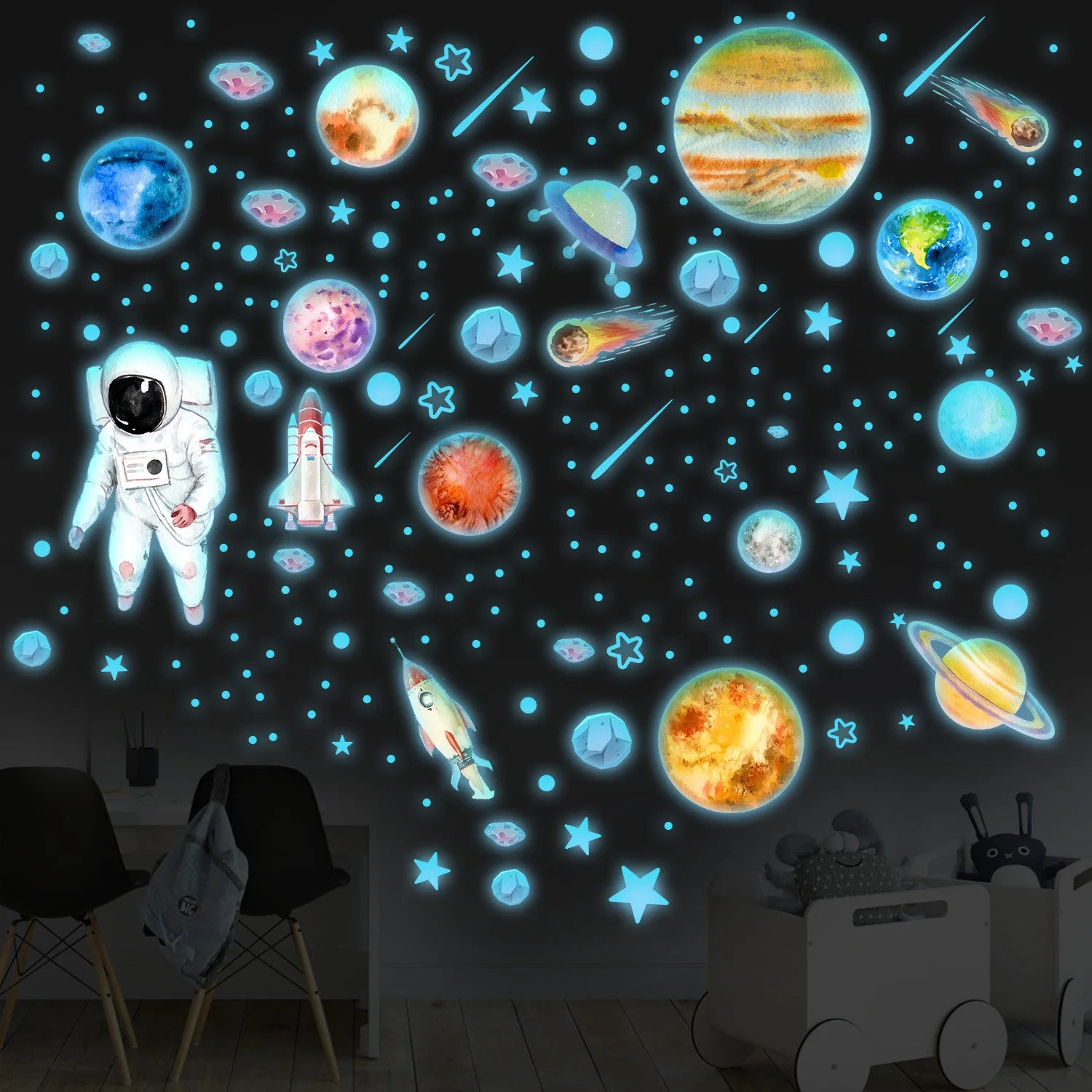 Glow in The Dark Stars Wall Stickers Glowing Stars for Ceiling Luminous Planet Spaceship Wall Decals DIY Kids Room Decor
