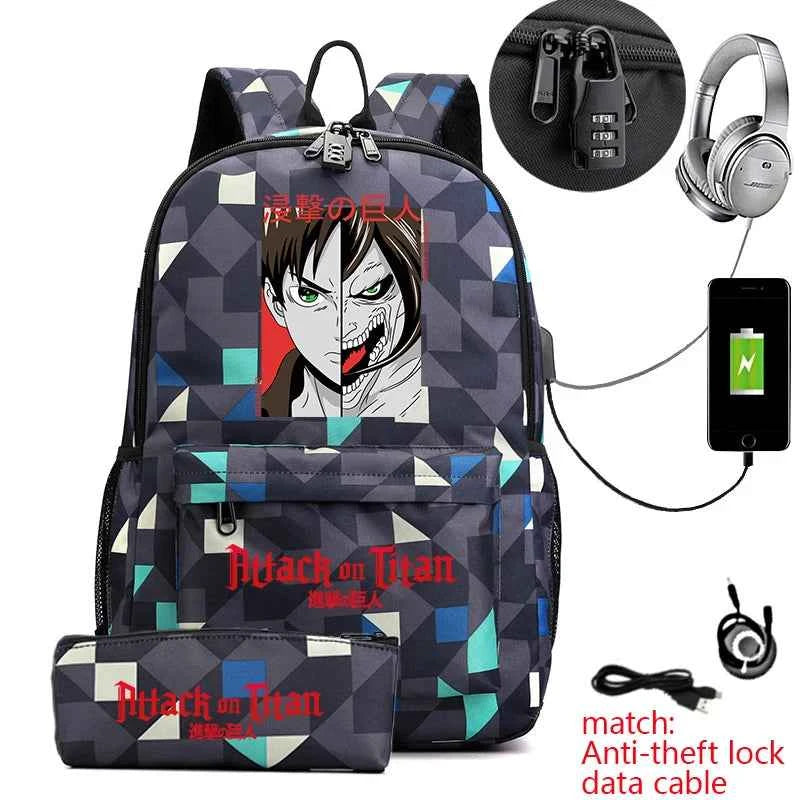 Attack on Titan Anime Print School Backpack Anti-Theft Laptop Bag for Boys Girls with Pencil Case