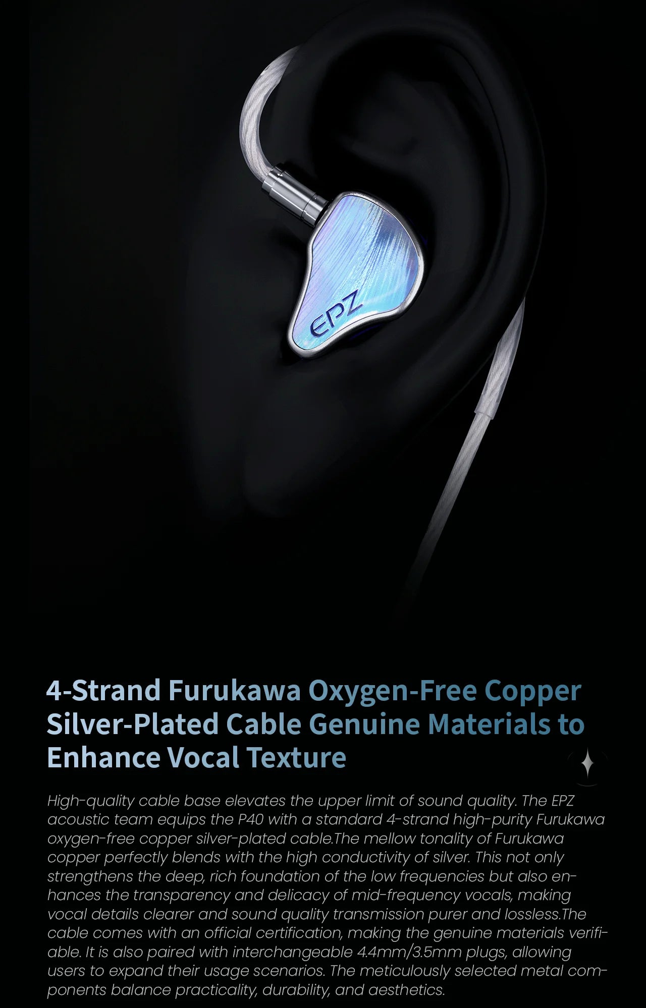 EPZ P40 PZT Ceramic In-Ear Hi-Fi Monitoring Headphones 2DD+1Planar Hybrid Drivers 3.5/4.4 Replaceable Copper Silver-Plated Cable