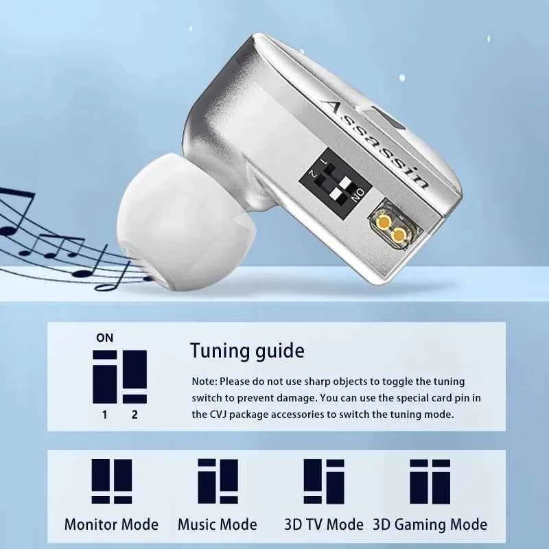 CVJ Assassin Silver in Ear Earphones 1BA+1DD+1Vibrate Game Mode HIFI Microphone Hybrid Tuning Switch Wired Earbuds IEM Headphone