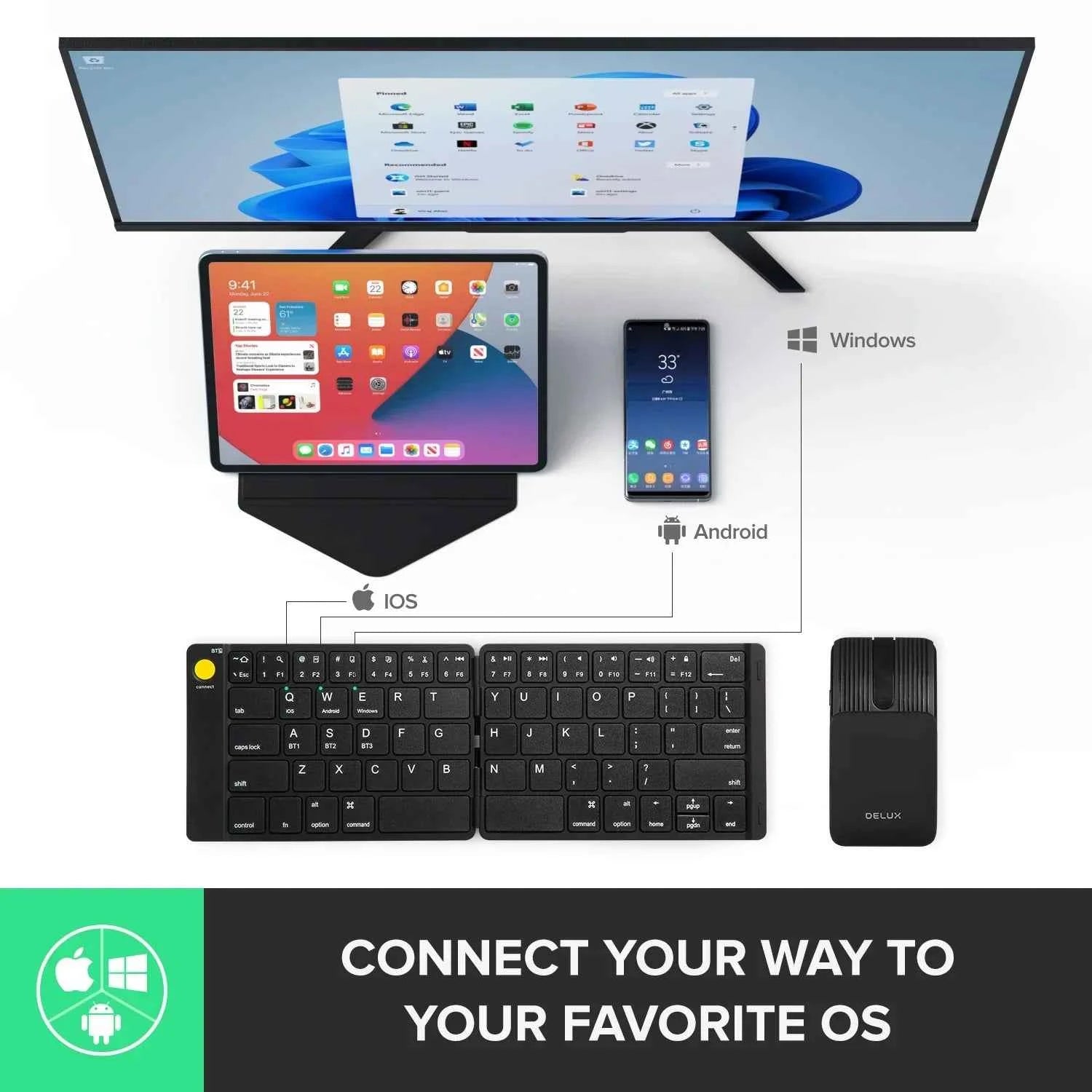 Delux Folding Keyboard Mouse Set Wireless Ultra Slim Portable Silent Kit Multi-Device Support For Windows Android IOS System