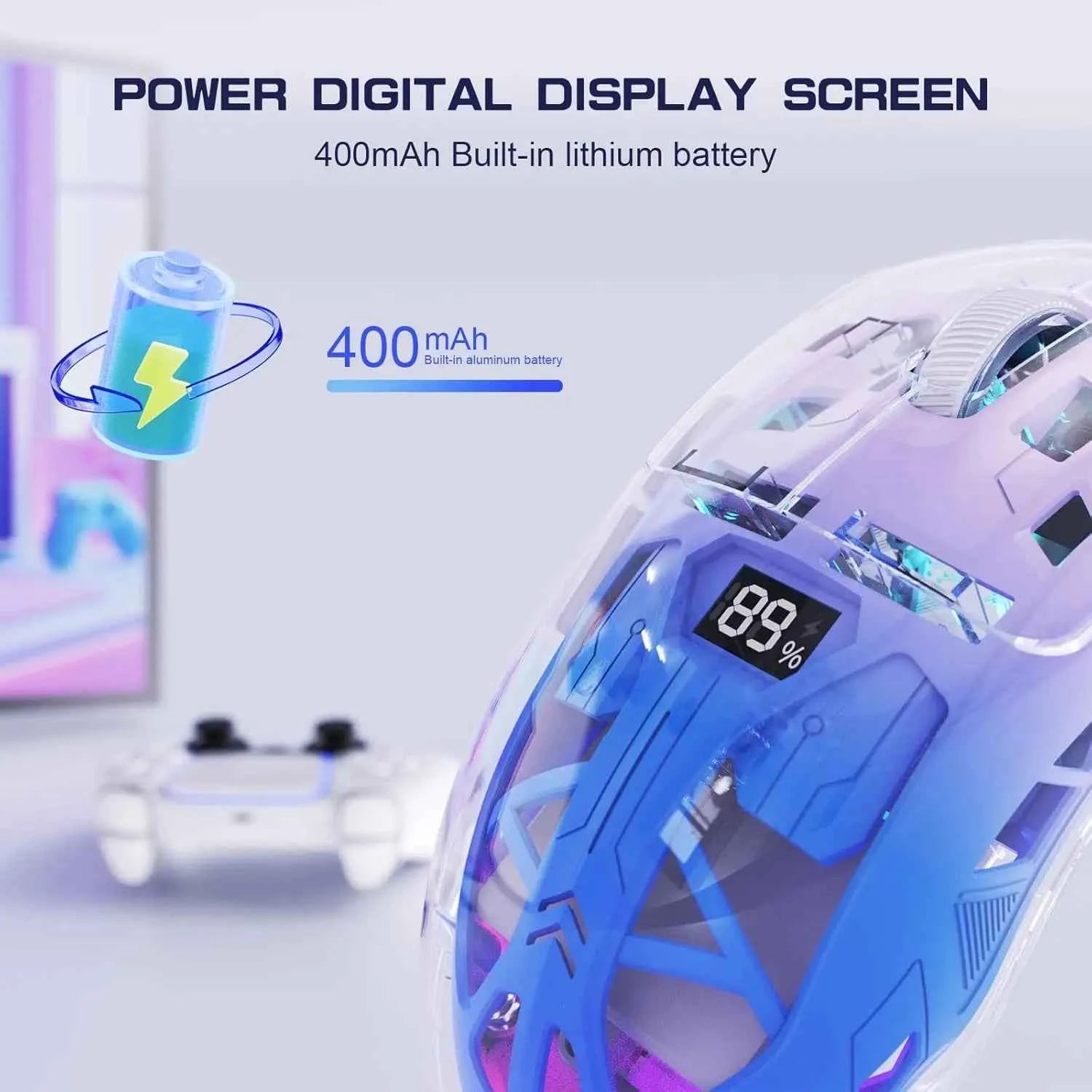 A2 Transparent Wireless Gaming Mouse, BT 5.0/2.4G PC Rechargeable RGB Mice with Digital Screen,PixArt 3212, 5 Adjustable DPI
