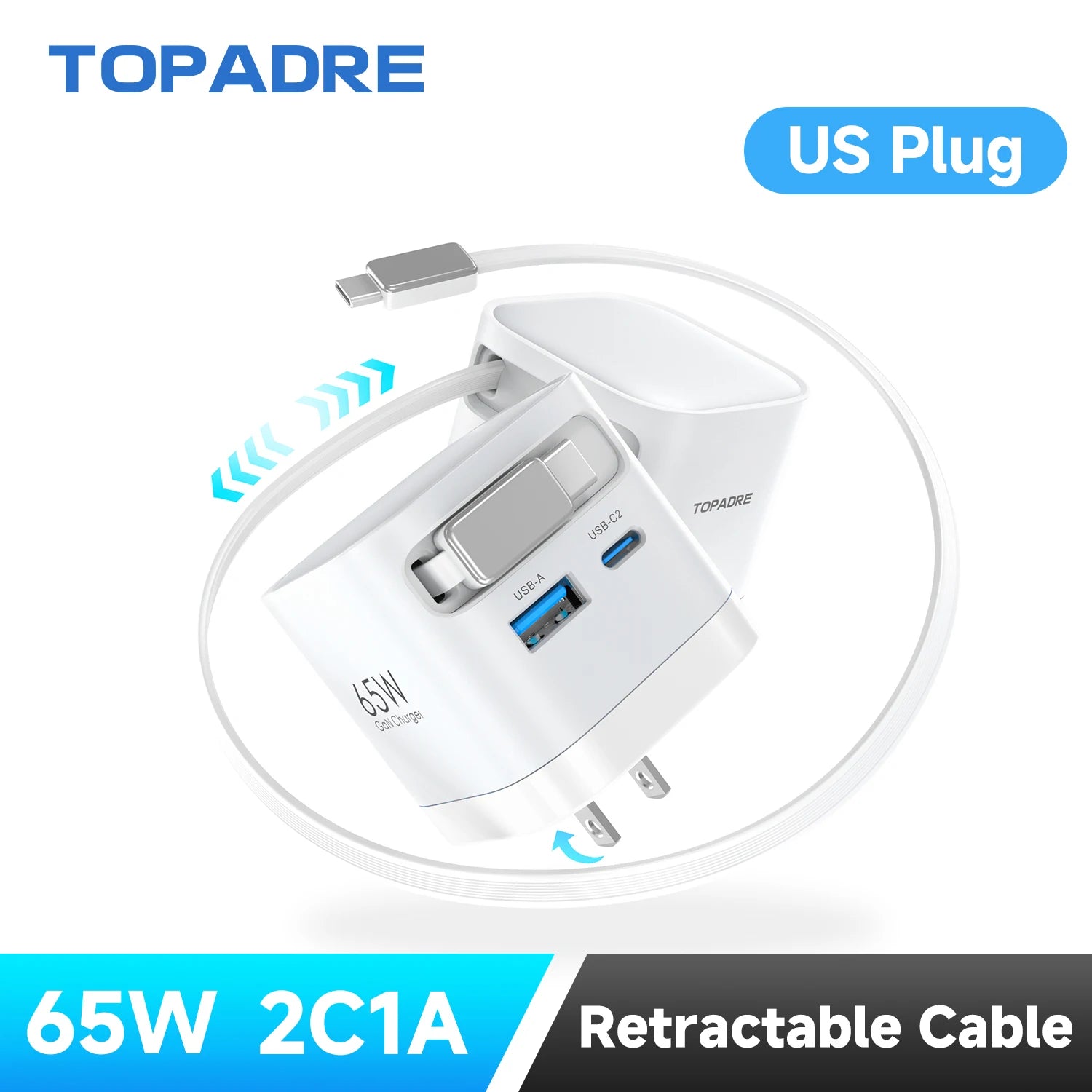 65W GaN Fast Charger with Retractable Cable, Foldable Plug, Quick Charging Block, for iPhone , Samsung , iPad, Android Phones
