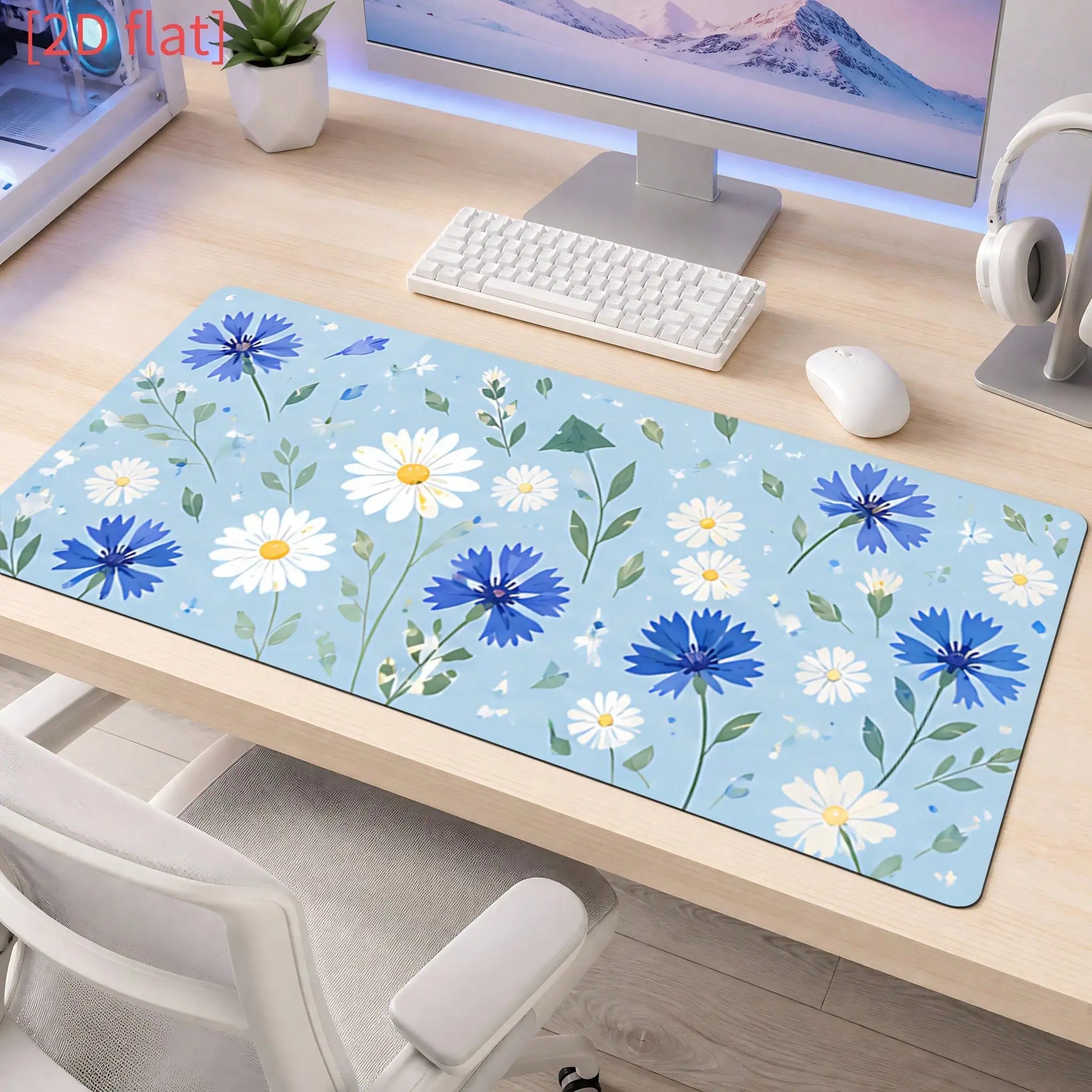 1pc Non-Slip Oval Mouse Pad Compatible For Office Desk, Computer Desk, Study Table - Blue & White Cornflower Daisy Minimalist Desk With Base & Suitable For