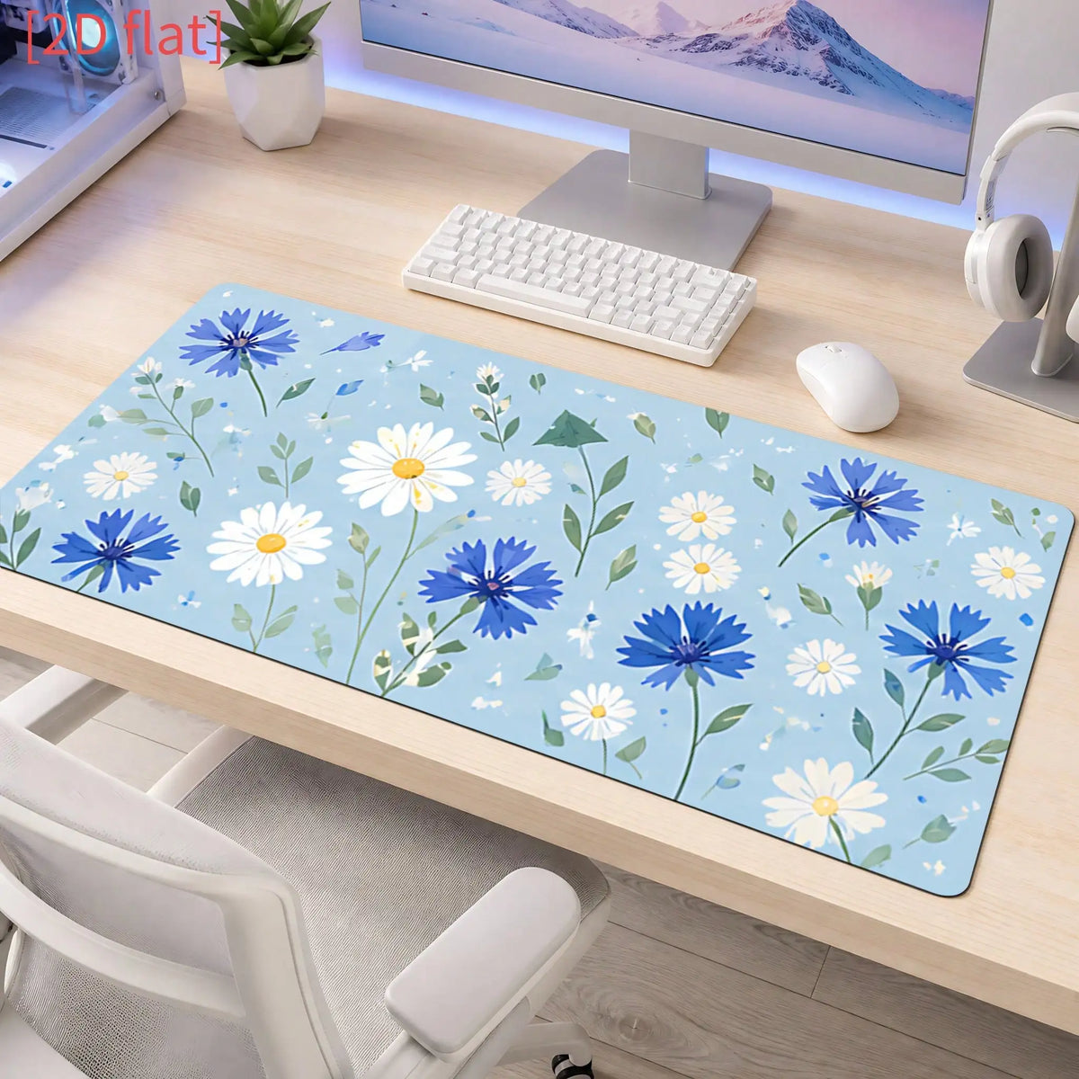 1pc Non-Slip Oval Mouse Pad Compatible For Office Desk, Computer Desk, Study Table - Blue & White Cornflower Daisy Minimalist Desk With Base & Suitable For