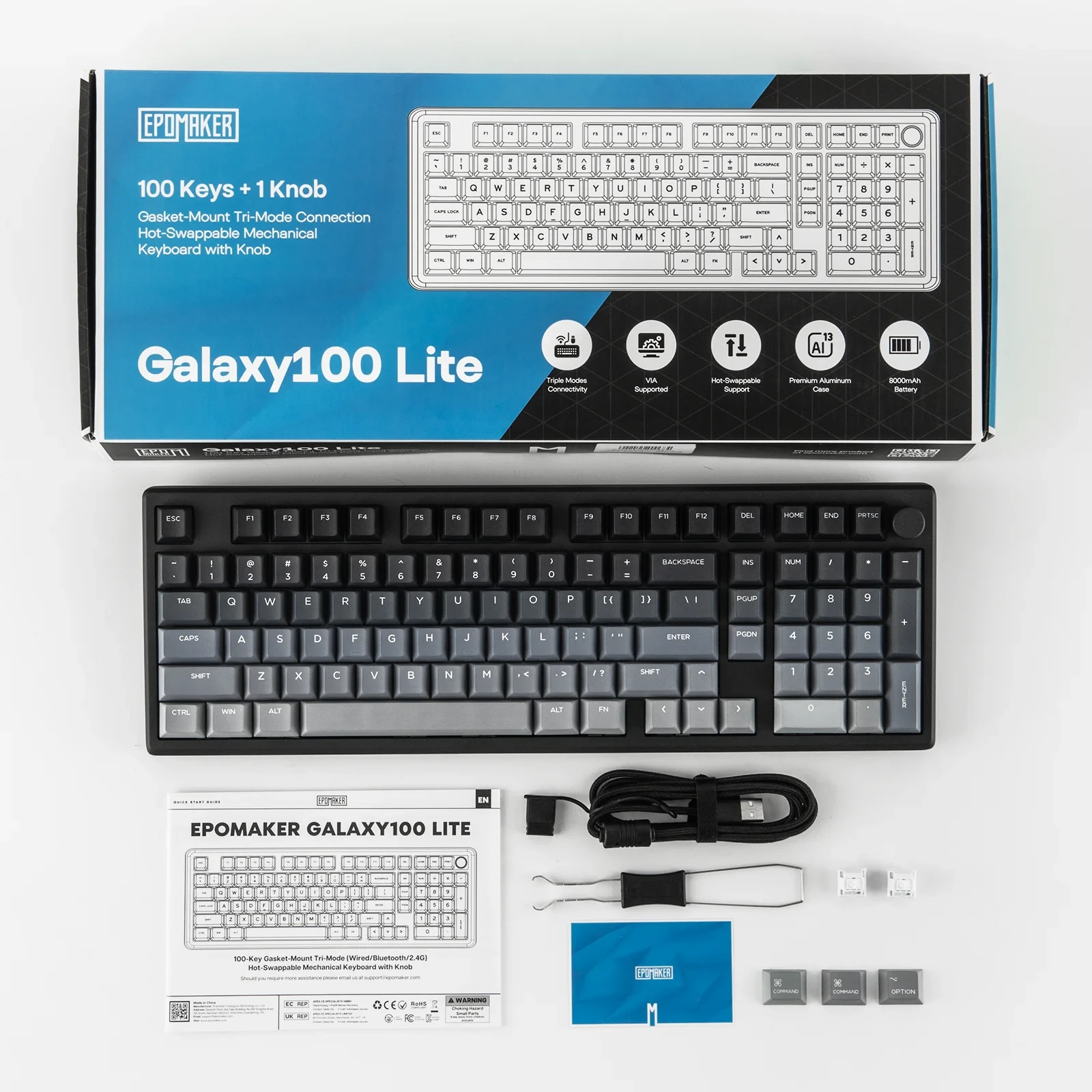 EPOMAKER Galaxy100 Lite QMK/VIA 96% ANSI US Layout Wired/2.4GHz/BT Wireless 1800 Aluminum Mechanical Keyboard 8000mAh Battery