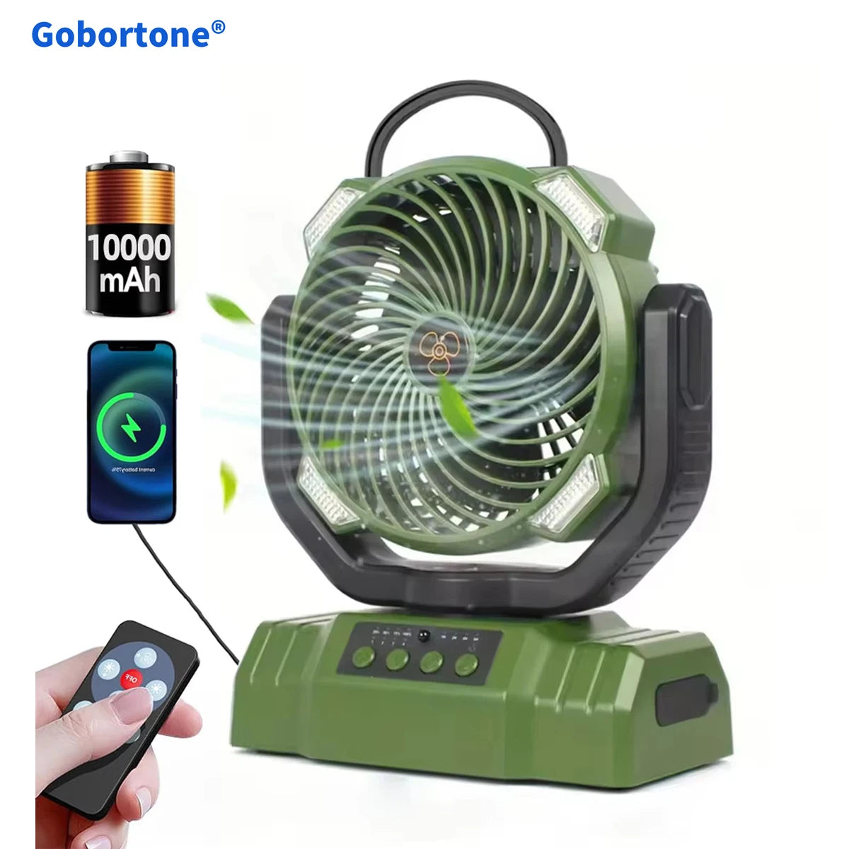 Gobortone Outdoor Camping Fan 10000mah Desk Table Rechargeable Fan With Power Bank Lighting USB Portable Outdoor for Tent