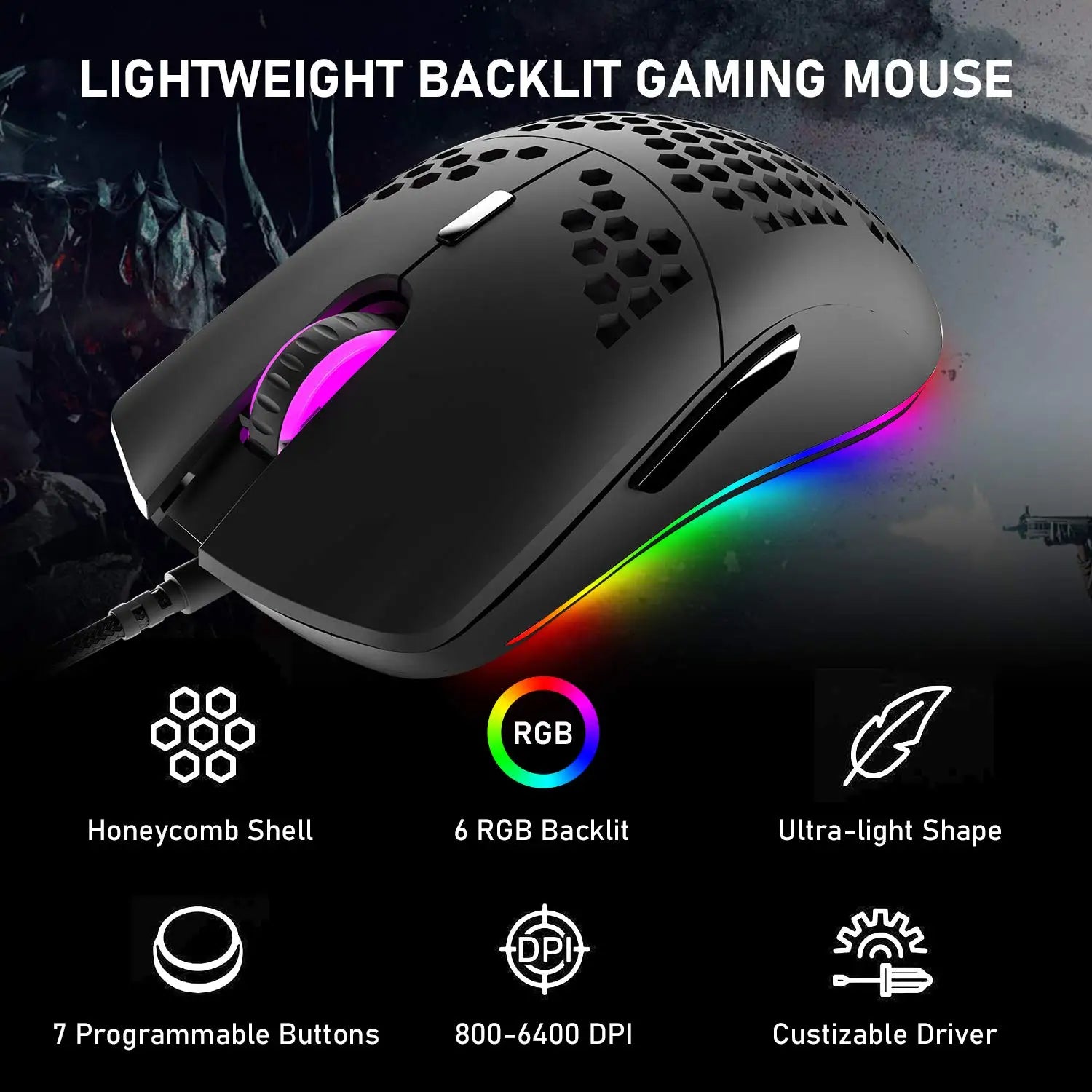 LED Backlit Wired Mechanical Keyboard Brown Switch&RGB 6400 DPI Lightweight Gaming Mouse with Honeycomb Shell 3 in 1 Set