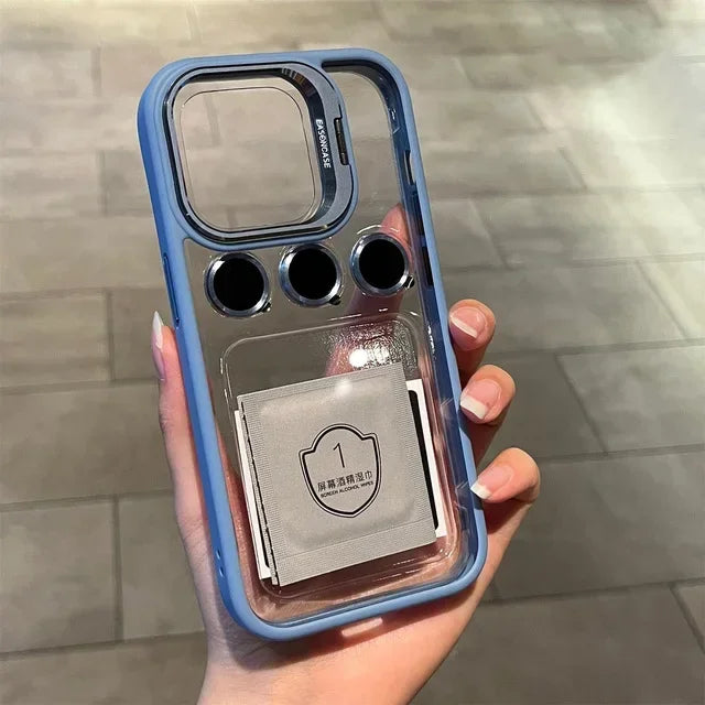 Lens Metal Ring Protector Stand Case For iPhone 15 16 14 13 12 11 Pro Max 16 Plus Camera Glass Protection Transparent Back Cover