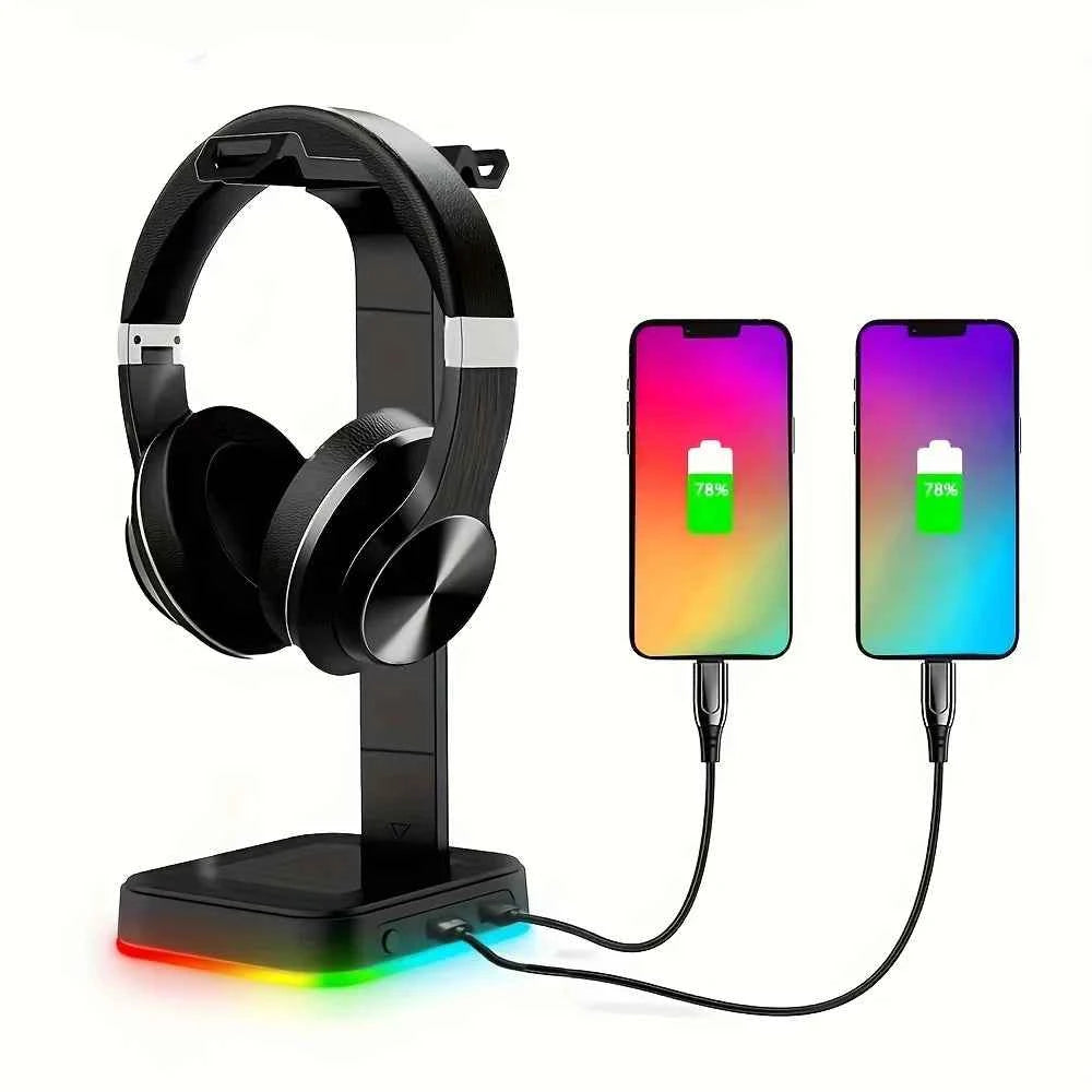 Adjustable Speed RGB Color-Changing LED Gaming Headset Stand with Dual USB Ports for Keyboard Mouse Headphones Phone Charging