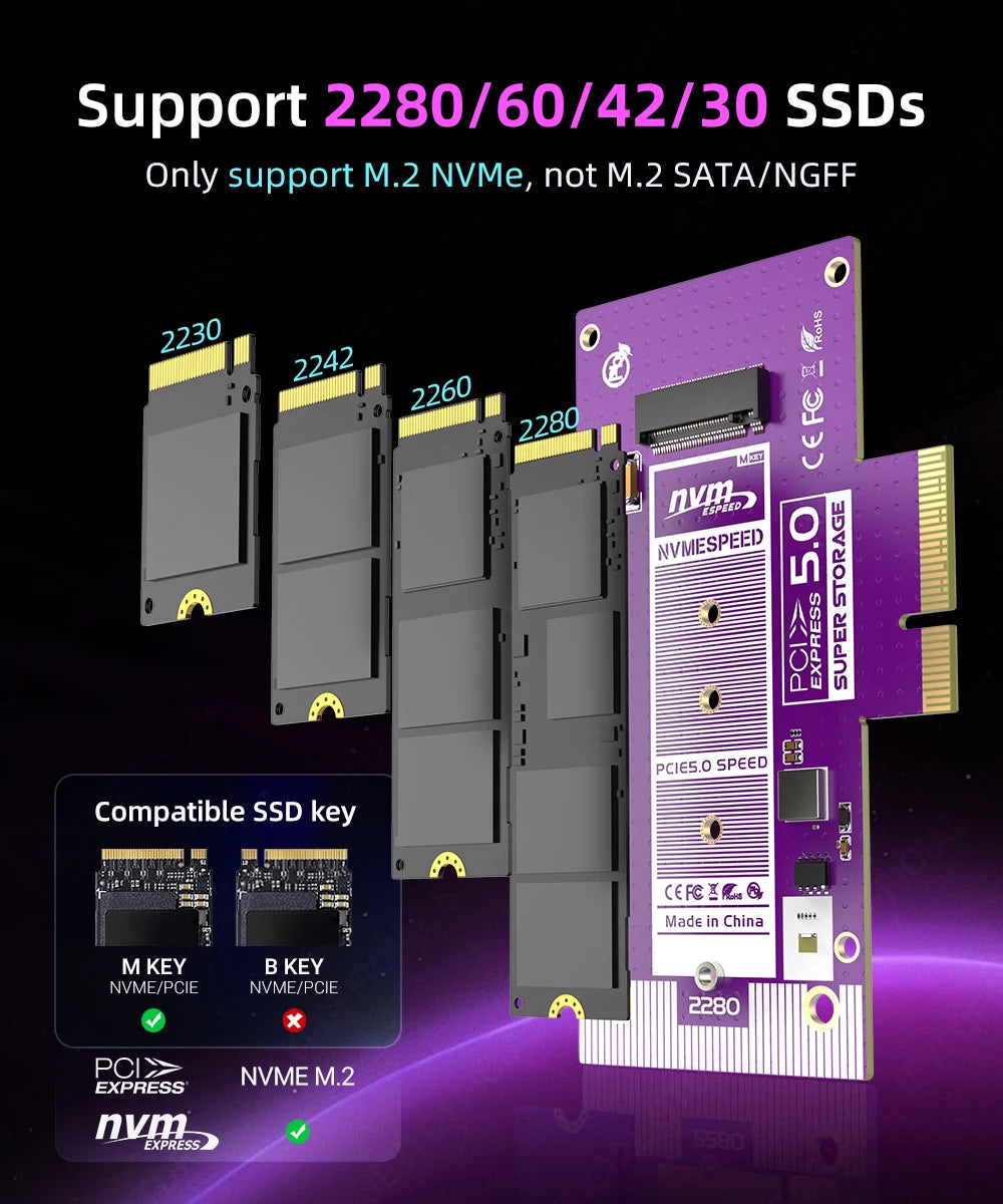 JEYI PCIe 5.0 to M.2 NVMe Adapter Card, High-Speed PCIe X4/X8/X16 to M2 SSD Converter with Cooling Heatsink for Gen5 SSD 128Gbps